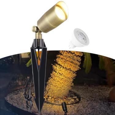 Imagem de Makergroup Luz de paisagem de latão de baixa tensão, holofote externo sólido com lâmpada LED MR16 substituível 5W, branco quente 2700K, iluminação de paisagem de 12V 24V, design à prova d'água para