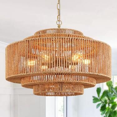 Imagem de Bagood 24" Rattan Pendant Light Gold Rattan Chandelier Light Luminária 3-Tier Hand-Woven Rattan Chandelier 6 Luzes Vime Pendant Light Luminárias Rústicas Boho Pendant Light Para Sala De Jantar Quarto