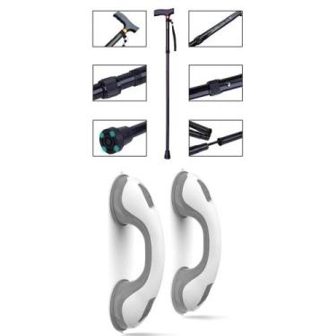 Imagem de Kit Bengala Dobrável Alumínio Regulável Idoso Adulto +2 Barra de Apoio