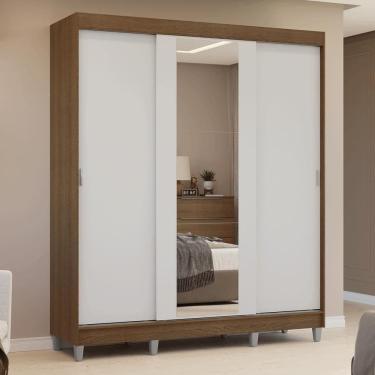 Imagem de Guarda-roupa Casal Com Pés 3 Portas De Correr Com Espelho Rustic/branco Reno Madesa