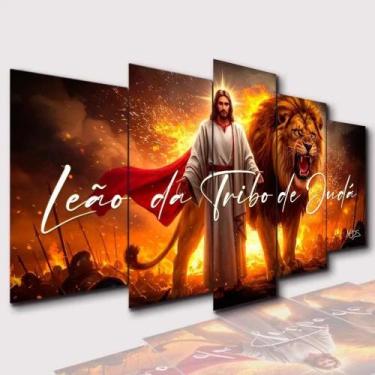 Imagem de Kit 5 Peças Quadro Jesus Cristo Frase Leão Da Tribo De Judá Colorido C