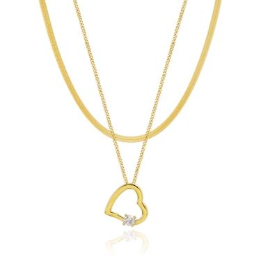 Imagem de M.DUN - Colar em camadas para mulheres, correntes de aço inoxidável de 2 fios com pingente de trevo, borboleta ou coração, joia elegante para presente, 16inch, Rasin cor ônix, Zircônia cúbica