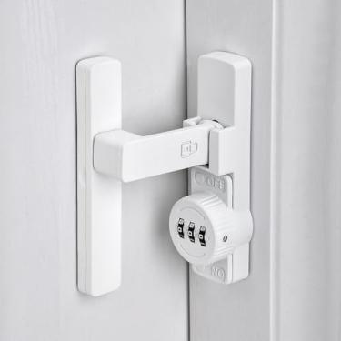 Imagem de INIRET Fechadura de porta de celeiro branca fosca de 90 graus, fechadura mecânica com senha, senha de 3 dígitos sem chave, trava dobrável com combinação, protege a privacidade, para porta de celeiro