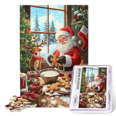 Imagem de 1000 Piece Wooden Christmas Jigsaw Puzzle for Adults - Cozy Winter Scene with Santa Making Gingerbread & Reindeer by His Side, Heartwarming for Families & Festive Lovers
