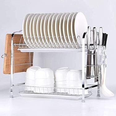 Imagem de AKALNNB Organizador de 2 camadas de grande capacidade com bandeja removível, pauzinhos, suporte para copos, para bancada de cozinha, à prova de ferrugem, aço inoxidável 304, antiderrapante, drenagem