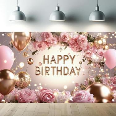 Imagem de Saoplasa Faixa de fundo rosa rosa feliz aniversário coroa dourada glitter fundo fotográfico mulheres meninas decoração de festa de aniversário balão presente floral banner foto adereços 71 x 43