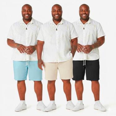 Imagem de Kit 3 Bermuda Linho Plus Size Masculina Bolso Faca Mauricinho G1 G2 G3