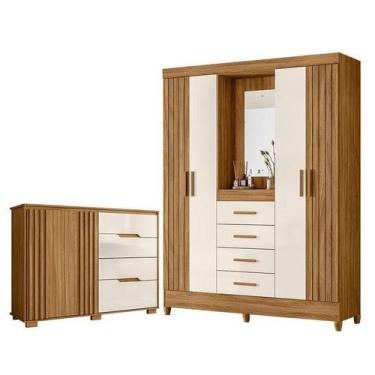 Imagem de Guarda Roupa Solteiro com Espelho Atenas e Cômoda Texas Freijó Off Whi