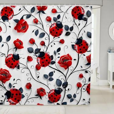 Imagem de Erosebridal Conjunto de cortina de chuveiro floral joaninha, rosa vermelha e preta, para crianças e adultos, conjunto de banheiro de joaninha réptil, rústico, campo, vida selvagem, tecido animal,
