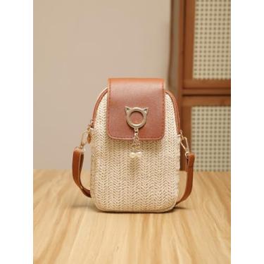 Imagem de Bolsa de telefone transversal de palha de tecido para mulheres com aba de borla de pérola, bolsa de ombro pequena de verão bolsa de viagem, P1, Small, Palha de tecido