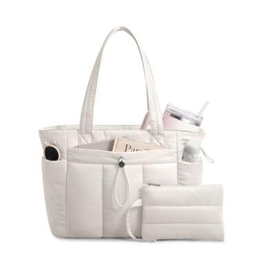 Imagem de TOPDesign Bolsa feminina com porta-copos, compartimento para laptop, bolsa de cosméticos e bolsa de carrinho para trabalho, viagens, Branco claro, Medium, Casual