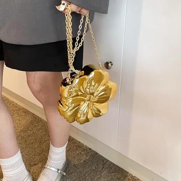 Imagem de 1 bolsa de mão floral dourada para mulheres modernas, um acessório chique e moderno com alça de corrente, perfeita para saídas à noite e ocasiões especiais, design moderno e portátil