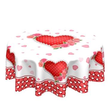 Imagem de Sweetshow Toalha de mesa de dia dos namorados com corações vermelhos e flores rosa rosa 152 cm com decoração xadrez lavável, manchas e rugas, romântica, capa de mesa redonda para jantar e piquenique