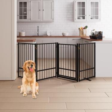 Imagem de HMHTCT 4 painéis de portões de metal independentes para cães com porta, 203 cm L x 81 cm A, cerca dobrável para portão para animais de estimação com pés de suporte para ambientes internos, escadas