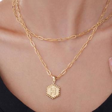 Imagem de Colar hexagonal banhado a ouro com pingente de alfabeto personalizado, pingente de monograma A-Z para mulheres, F, Aço inoxidável, Sem Pedra Preciosa