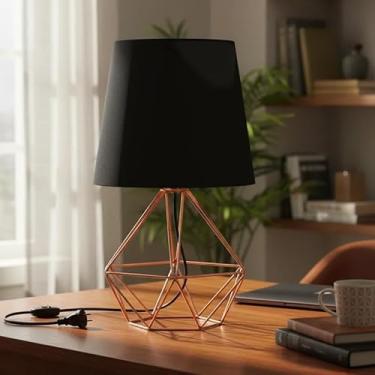 Imagem de Luminária de Mesa Abajur Base Diamante Aramado Cúpula Tecido Escritório Quarto (ROSE/PRETO)