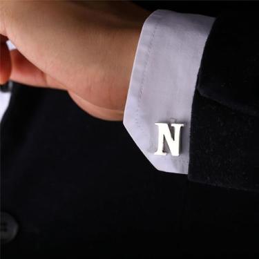 Imagem de Abotoaduras iniciais de aço inoxidável 26 abotoaduras de letra inicial do alfabeto camisas de casamento de negócios A-Z, One Size, Aço inoxidável, Sem Pedra Preciosa