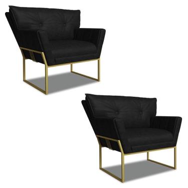 Imagem de Poltrona Sala Industrial Dourado Kit 2 Anitta Sintético Pu Preto D03 - D'rossi