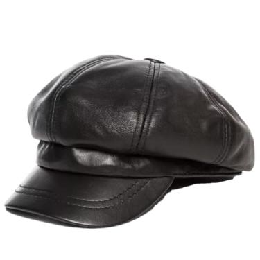 Imagem de Chapéu octogonal feminino de pele de carneiro de inverno de couro genuíno pintor coreano bonés preto GG 57 58 cm