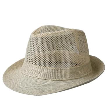Imagem de Chapéu de sol masculino verão ao ar livre viagem chapéu de sol malha confortável respirável frisado chapéu panamá claro cáqui M 56-58 cm