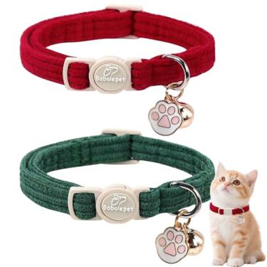 Imagem de Babole Pet Pacote com 2 coleiras de veludo cotelê para gatos – coleira fofa com pingente de sino e pata, coleiras macias ajustáveis para gatinhos de outono e inverno para meninas, meninos, verde e
