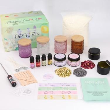 Imagem de DARJEN Kits de fabricação de velas – suprimentos para fabricação de velas de soja para adultos, incluindo 4 frascos de vela (transparente, rosa, âmbar, roxo), latas de vela, cera, aromas, flores secas