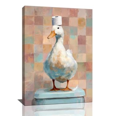 Imagem de Pato engraçado arte de parede de banheiro pato fofo em tela de banheiro decoração de parede engraçado peculiar animais de fazenda impressão de pintura emoldurada decorações presentes para banheiro