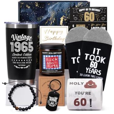 Imagem de Presentes de aniversário de 60 anos para homens, vintage 1965 com conjunto de copos de 590 ml, presentes de aniversário de 1965, a caixa de presente criativa de aniversário de 60 anos para marido, pai