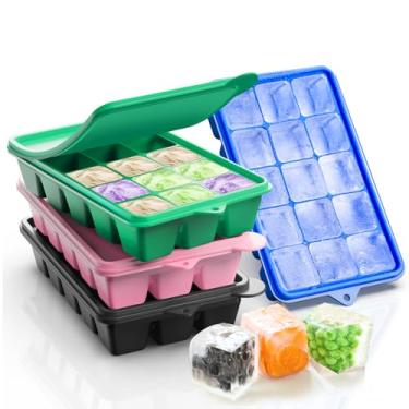 Imagem de Bandejas de silicone para cubos de gelo com tampas, 4 pacotes, Lxndaser de fácil liberação para coquetéis, bandejas quadradas empilháveis à prova de vazamento de 60 grades para freezer, uísque, comida