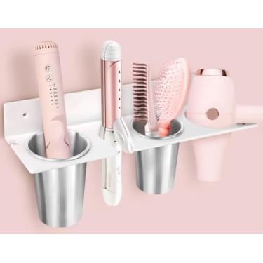 Imagem de Suporte de parede para secador de cabelo, organizador de ferramentas de cabelo com copos de aço resistentes ao calor, suporte acrílico para secador de cabelo, adesivo ou parafuso para armazenamento de