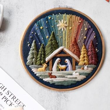 Imagem de 1 kit para adultos iniciantes, kit de bordado de presépio, kits de ponto cruz de Natal, kit de bordado DIY para adultos com padrão, fios de algodão, agulhas, instruções, aro de 15 cm, para decoração