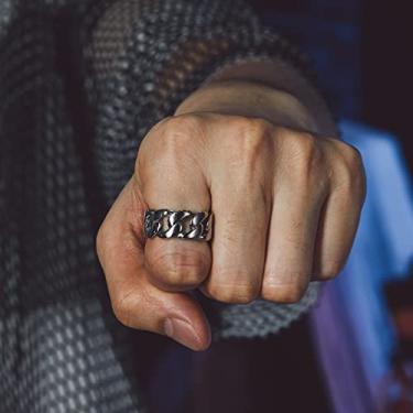 Imagem de Anel masculino de aço inoxidável de 10 mm, grosso, liso, cubano, corrente de elos cubanos, preto/prata/dourado, joia de motociclista, tamanho 7-14, 10, Aço inoxidável, Sem pedra preciosa