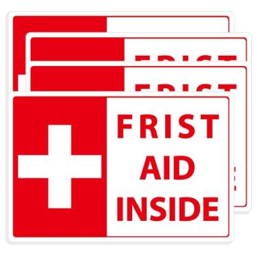 Imagem de Pacote com 4 adesivos de primeiros socorros - Decalques autoadesivos impermeáveis de 15 cm x 9,9 cm para caixa de primeiros socorros e kit de emergência, símbolo da cruz vermelha para carro