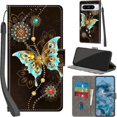 Imagem de Capa carteira para Google Pixel 8 Pro, com [3 compartimentos para cartão], fecho magnético com suporte, capa protetora flip de couro PU à prova de choque 17.0 cm 2023, borboleta verde