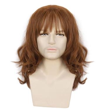 Imagem de Peruca para homens, cabelo ondulado natural, marrom, 41 cm com franja 