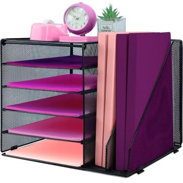 Imagem de ideallife Organizadores de mesa e acessórios com 2 suportes de arquivo, organizador de bandeja de papel de 5 camadas, organizador de documentos de mesa de malha para material de escritório, espaço de