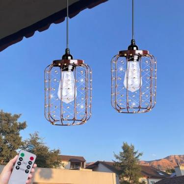 Imagem de ALL FORTUNE Lustre de pendurar ao ar livre operado por bateria, luminária pendente de bateria 4 pilhas AA para gazebo, pérgola, varanda, pátio, iluminação de decoração ao ar livre