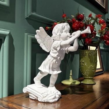 Imagem de VANZUNE Estatueta de anjo com trompete estátua de querubim branco no pedestal decorativo, decoração de casa de anjo da guarda, escultura romântica de anjo para ambientes internos e externos