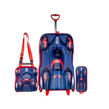 Imagem de Kit Mochila de Rodinhas Carros 3D Infantil Escolar Corrida - Yins, Azu