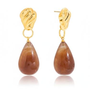 Imagem de Brincos femininos retrô com pingente de gota d'água - Aço inoxidável banhado a ouro 18 quilates com gota grossa de resina âmbar, brinco pendente, leve, boêmio, joia de aniversário, Green: 50.4*21mm