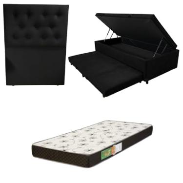 Imagem de Cama Box Baú Solteiro com Auxiliar (Bicama) + Colchão Solteiro Espuma D20 12cm | Kit Completo com Cabeceira Botonê Opcional | Diversas Cores (3, SUEDE PRETO, COM CABECEIRA)