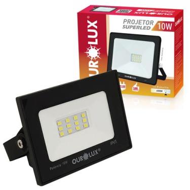 Imagem de Refletor Super Led 10W Bivolt Branco Frio Ip65 Preto - OUROLUX, 110V/2