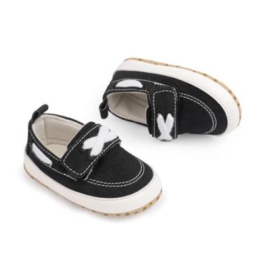 Imagem de Tênis de lona para bebês meninos e meninas recém-nascidos antiderrapante sola macia Frist Walking sapatos respiráveis para crianças pequenas, Preto, 12-18 Months Toddler