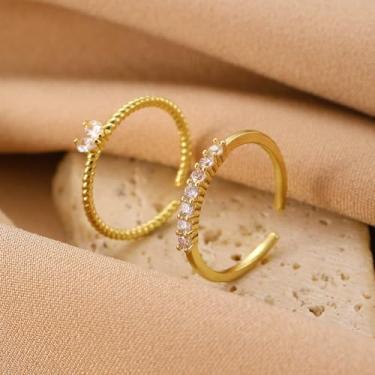 Imagem de Anéis delicados empilháveis para mulheres, conjunto de anéis finos com zircônia cúbica, aliança de noivado de compromisso, tamanho ajustável, Oversize, Aço inoxidável, Sem pedra preciosa