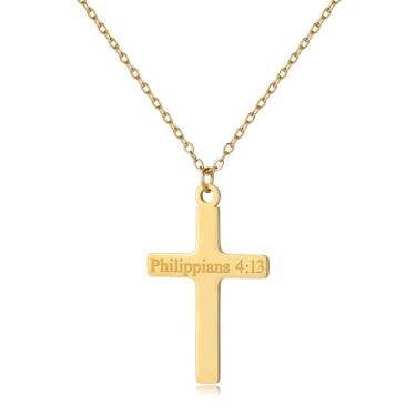 Imagem de Flvkev Colar de cruz cristã para mulheres, pingente de cruz religiosa, versículo bíblico, primeira comunhão, confirmação, joias de fé, presentes de Natal, Small, Aço inoxidável, Sem Pedra Preciosa
