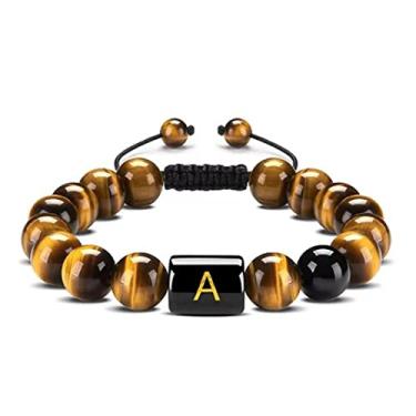 Imagem de Guz Pulseira com iniciais A-Z 10 mm Natural Preto Ônix Olho de Tigre Pulseira de Corda Trançada para Homens Pulseira de Letra (A)