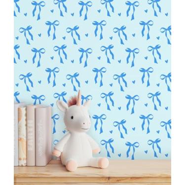 Imagem de RUSPEPA Papel de parede Peel and Stick, 17,3 polegadas x 17,5 pés, laço azul e design amor papel de parede autoadesivo removível decorativo impermeável papel de contato para armários, paredes