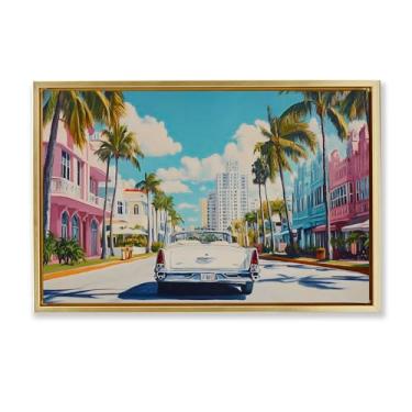 Imagem de Stupell Industries Arte de parede em tela flutuante com moldura preta de carro clássico na cidade tropical, design de Franklyn Gregory, 43,3 x 63,5 cm