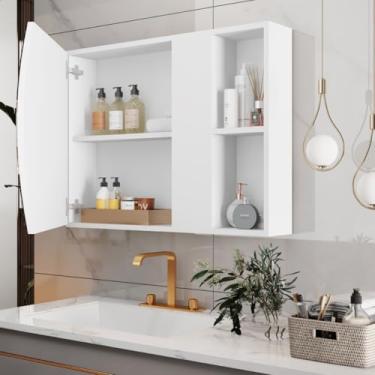 Imagem de Armário Banheiro com Espelho e Prateleira Branco Carolina, Espelheira com Nichos Mobishop, Gabinete de Parede Suspenso, Organizador Multiuso (Branco)