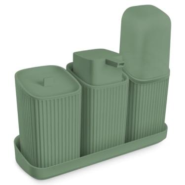 Imagem de Kit Para Banheiro 3 Peças Dispenser Sabonete Porta Algodão Escova (Verde)